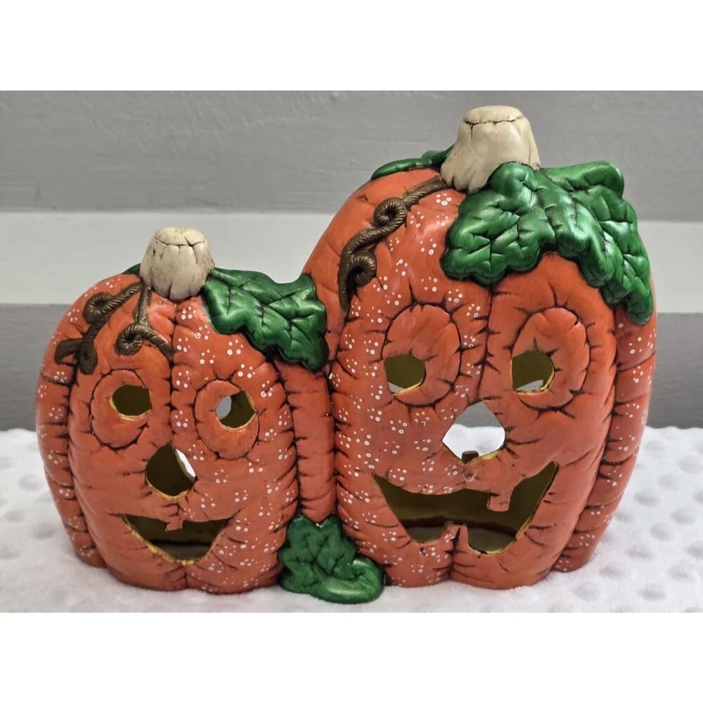 Vintage Ceramic Jack-O-Lantern Duo Halloween Pumpkin Decor 80s Hand Painted Prop